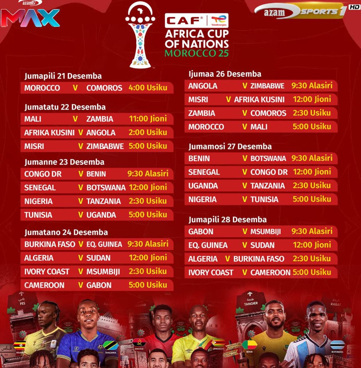 Ratiba Ya AFCON 2025 Hatua Ya Makundi